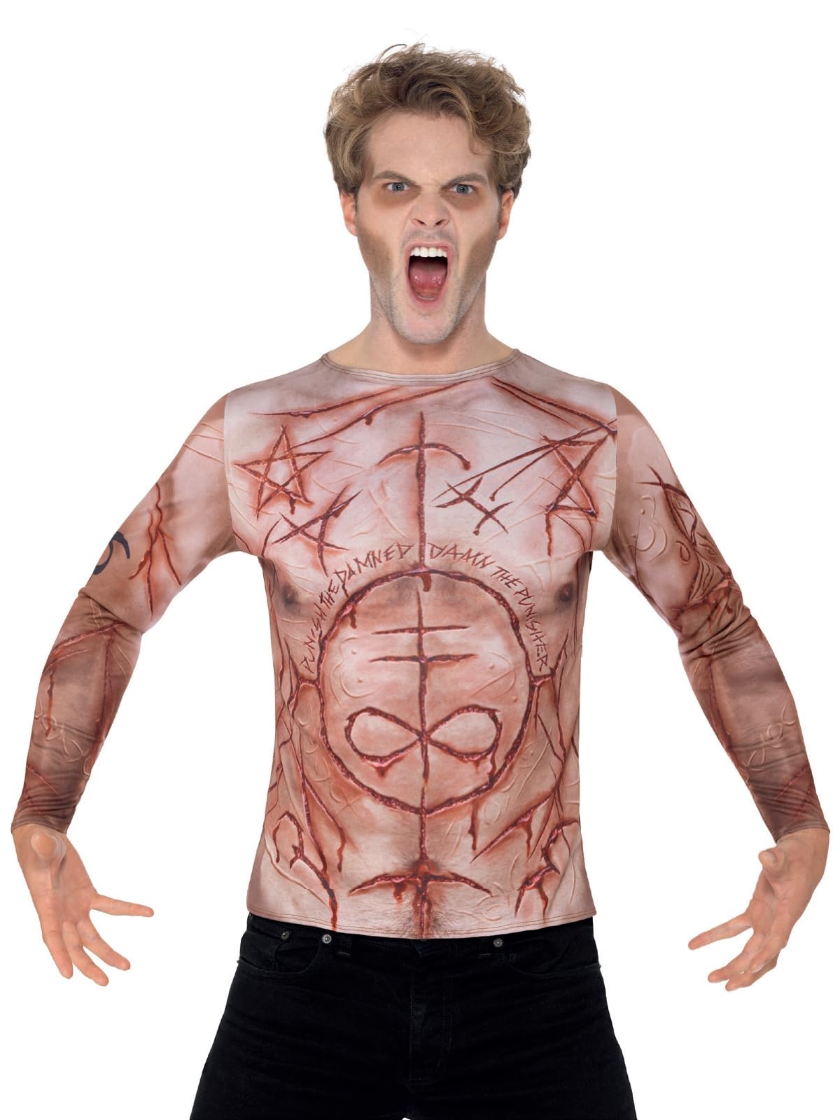 Smiffys Mutilated Skin T-Shirt, Flesh with Sublimation Print, Halloween Adult Fancy Dress, Halloween Dress Up Costumes