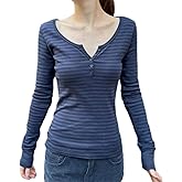 Miqil Women Fairycore Cute Striped Long Sleeve Henley Shirt Y2k Half Button Slim Fit Fall Going Out Tee Streetwear