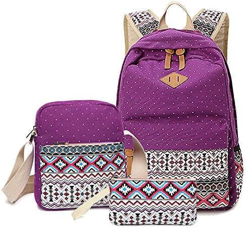 Bagsmall Canvas Laptop Backpack for Teen Girls Patterned Bookbag School Bag 3 piece set (purple)