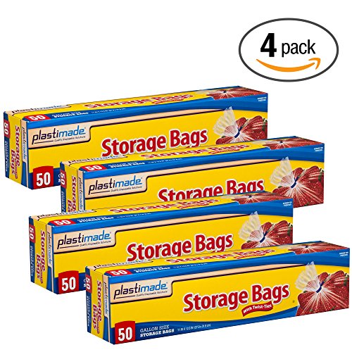 Plastimade Food Storage Bags, Twist Tie, 1 Gallon 50 Count Pack of 4 (200 Bags Total)