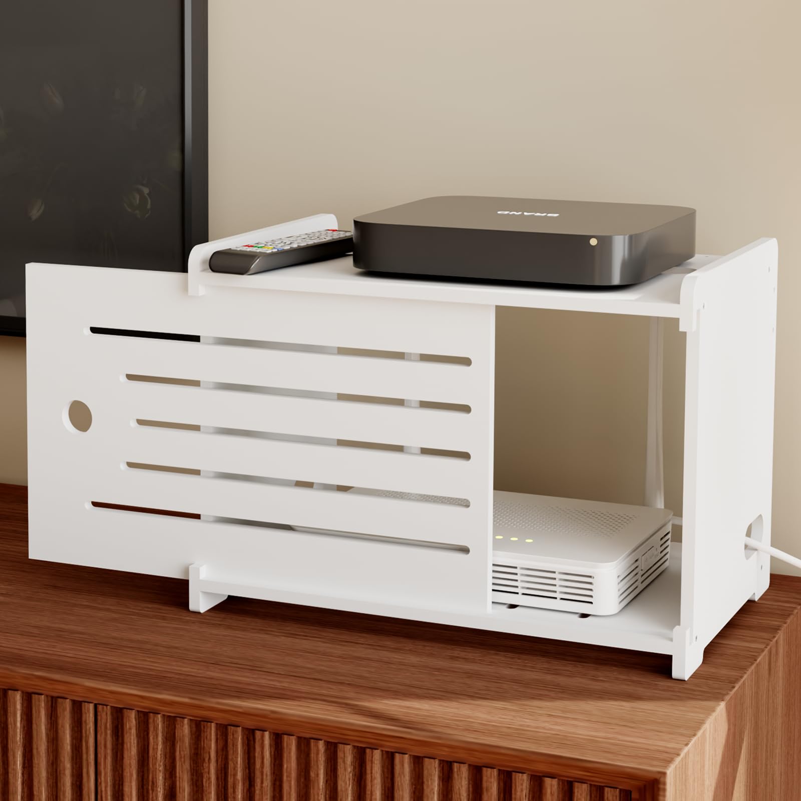 Photo 1 of HAIDAIYA Wooden WiFi Router Storage Box Hider Shelf, Decorative Projector Box Hider Rack Countertop, for Cable, Modem, Internet, Router Power Cover Storage Organizer Cabinet Wall Mounted, Solid Wood