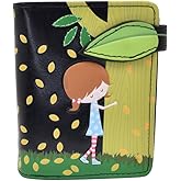 Shag Wear Women's PU Vegan Leather Colorful Slim Trendy Small Bifold Wallet with 4 Credit Card Slots, 1 Zippered Coin Pocket, and Clear ID Window (Girl Hugging Tree, Black)