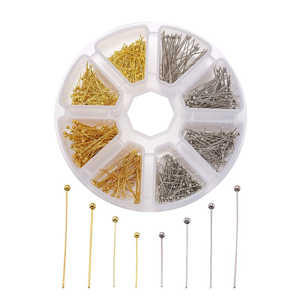 PandaHall Brass Ball Head Pins 16mm 20mm 25mm 30mm Wire Headpins for Earring Bracelet Jewelry Making (Platinum & Golden)