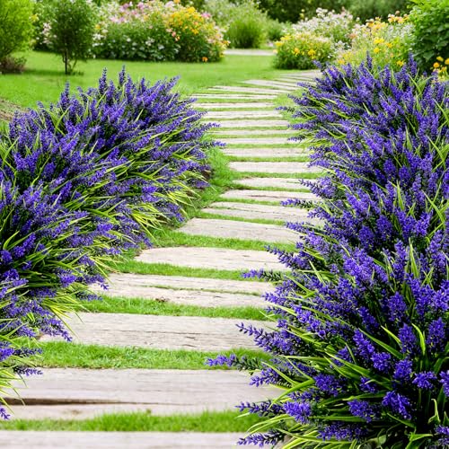 Geegoods Artificial Plants Flowers Outdoor – 24 Bundles UV Resistant Faux Lavender Flowers with Monkey Grass for Garden Porch Window Patio Hanging Planter Decor