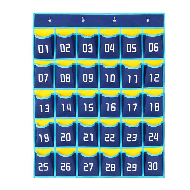 GAESHOW Numbered Classroom Pocket Chart, Hanging Organiser Over the Door, 30 Pockets Phone Holder Hanging Organizer With Numbers, Hooks, for Classroom Wall Door
