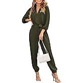 PRETTYGARDEN Women's Fall Jumpsuits Dressy Casual Pants Romper Spring Long Sleeve V Neck Belt Pockets One Piece Outfits