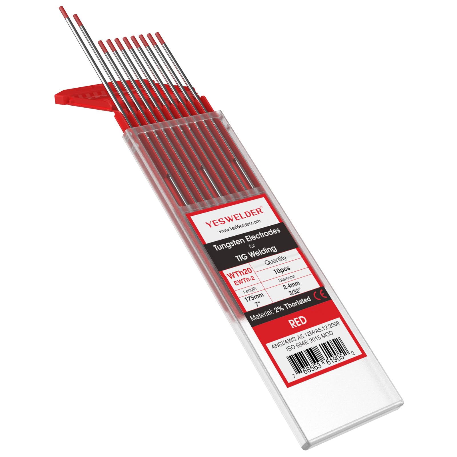 YESWELDER TIG Welding Tungsten Electrode 2% Thoriated 2.4mm x 175mm (Red, WT20/EWTh-2) 10-pk