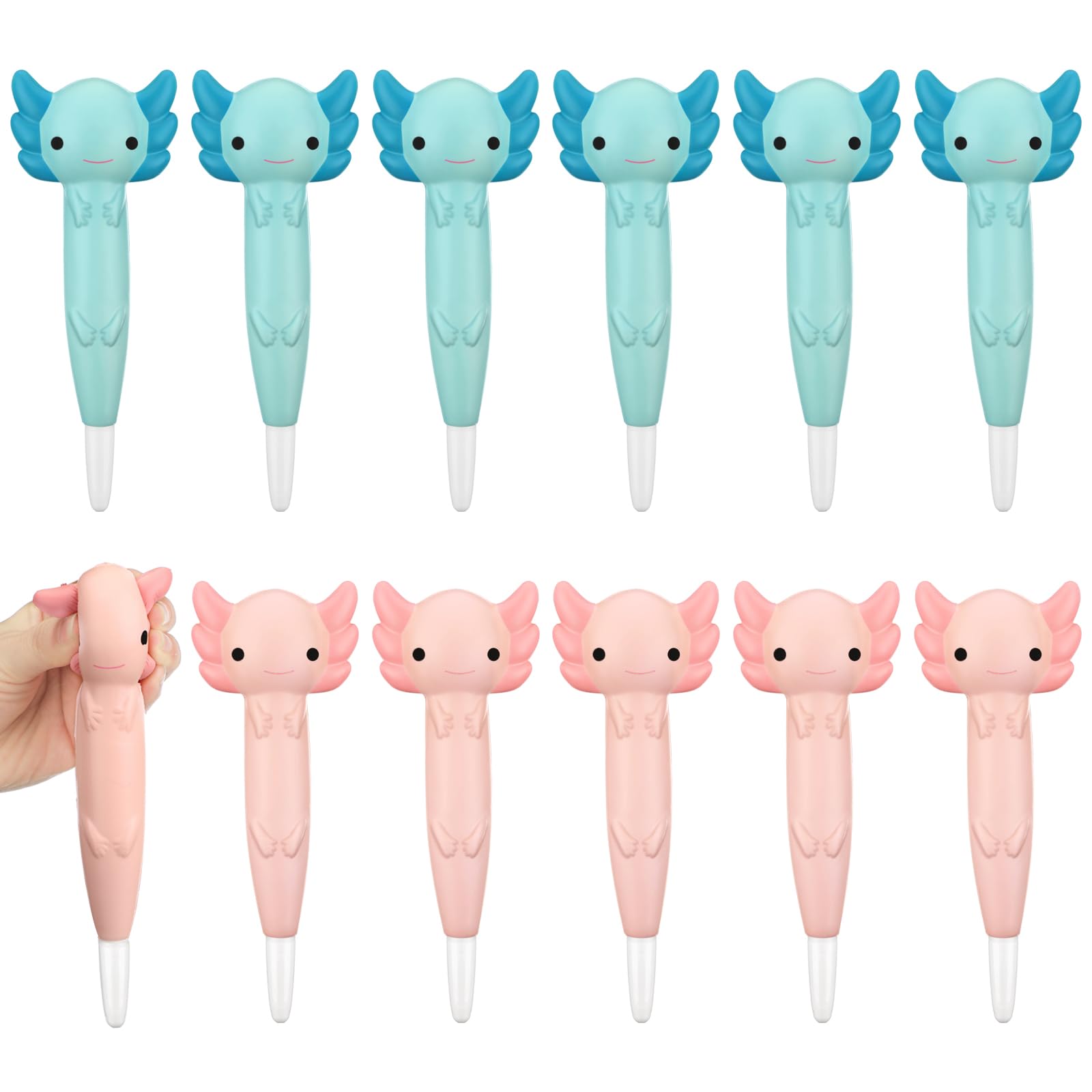 Photo 1 of Sayglossy 12 Pcs Axolotl Pens Anxiety Pen Students Gifts Axolotl Fun Squish Pen for Christmas, Anxiety, ADHD, Stress Relief, Prizes, Birthday Party Favors, Pink and Blue, Black Ink