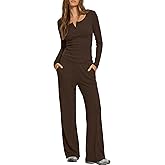 Darong Womens 2 Piece Matching Lounge Sets 2026 Long Sleeve Henley Shirts Wide Leg Pants Airport Travel Outfits