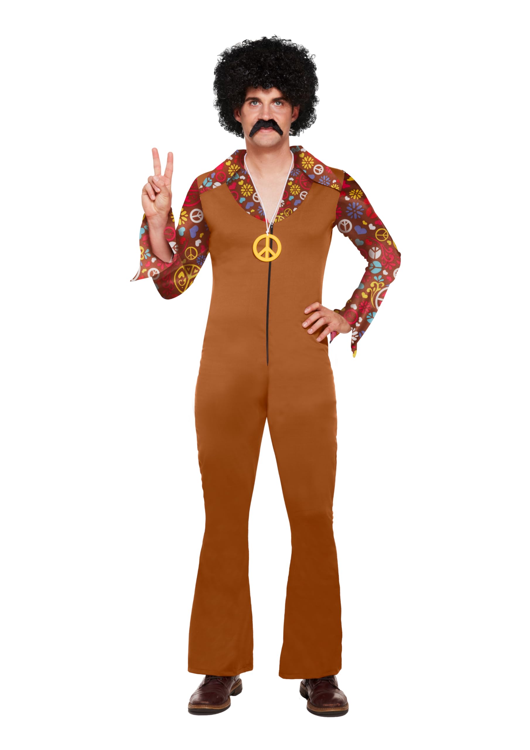 HENBRANDT Adult Men’s Hippie Fancy Dress Groovy Retro 1970s Flared Brown Jumpsuit Long Sleeve Hippy Costume with Peace Necklace Mens Fancy Dress Costume