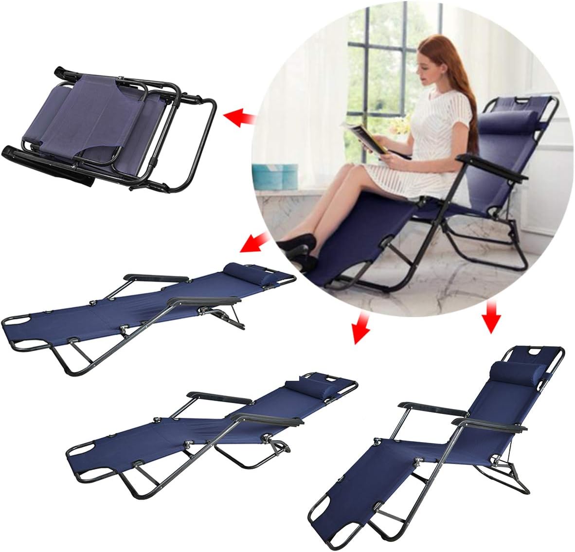 Kawachi Folding Indoor Outdoor Home Beach Garden Recliner Deck Chair - K523-Dark Blue