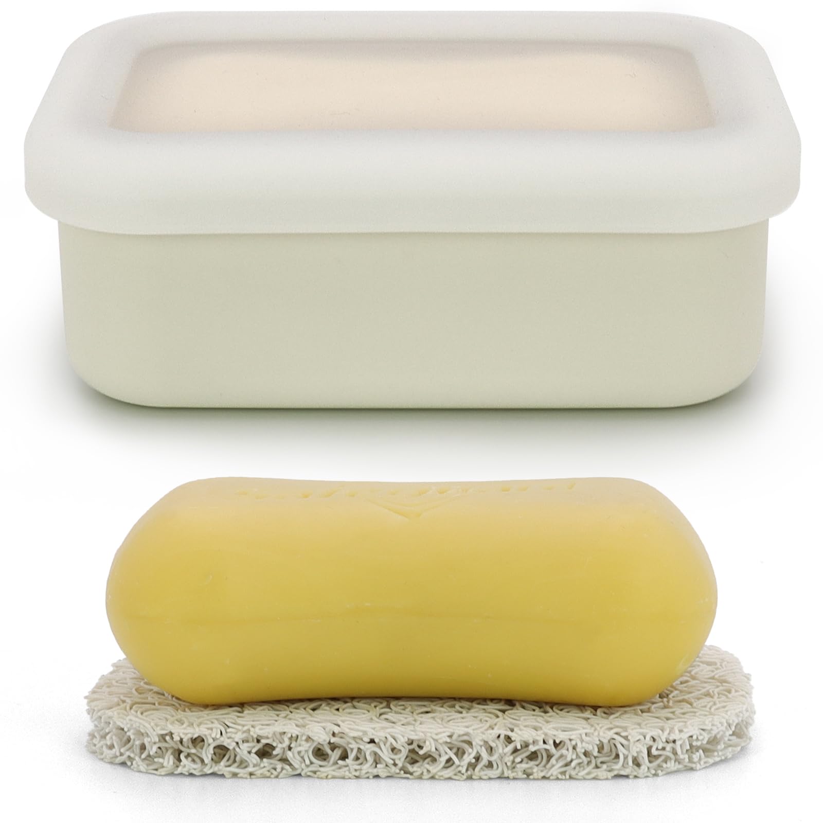 Photo 1 of AIMAIAIMAI Compact Leakproof Travel Soap Case, Shatterproof Silicone Travel Soap Container with Draining Pad, Great for Outdoor, Camping, Gym (Off-White)