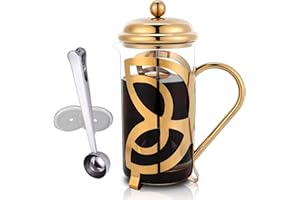 Miuly French Press Coffee Maker,304 Grade Stainless Steel & Heat Resistant Borosilicate Glass, (1 Liter,34OZ), Gift Set with Coffee Measuring Spoon & Two Filter Screens, Gold