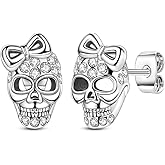 Parmuz 925 Sterling Silver Stud Earrings, Dainty Simple Heart love four leaves Halloween gold Skull Earrings for Women