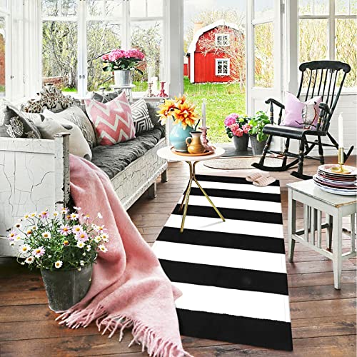 SKYDECOR Black and White Striped Rug, Area Rug Front Door Rug Hand-Woven Black and White Kitchen Rug, Black and White Outdoor Rugs Doormats for Layered Door Mat/Farmhouse/Front Porch/Kitchen/Entryway