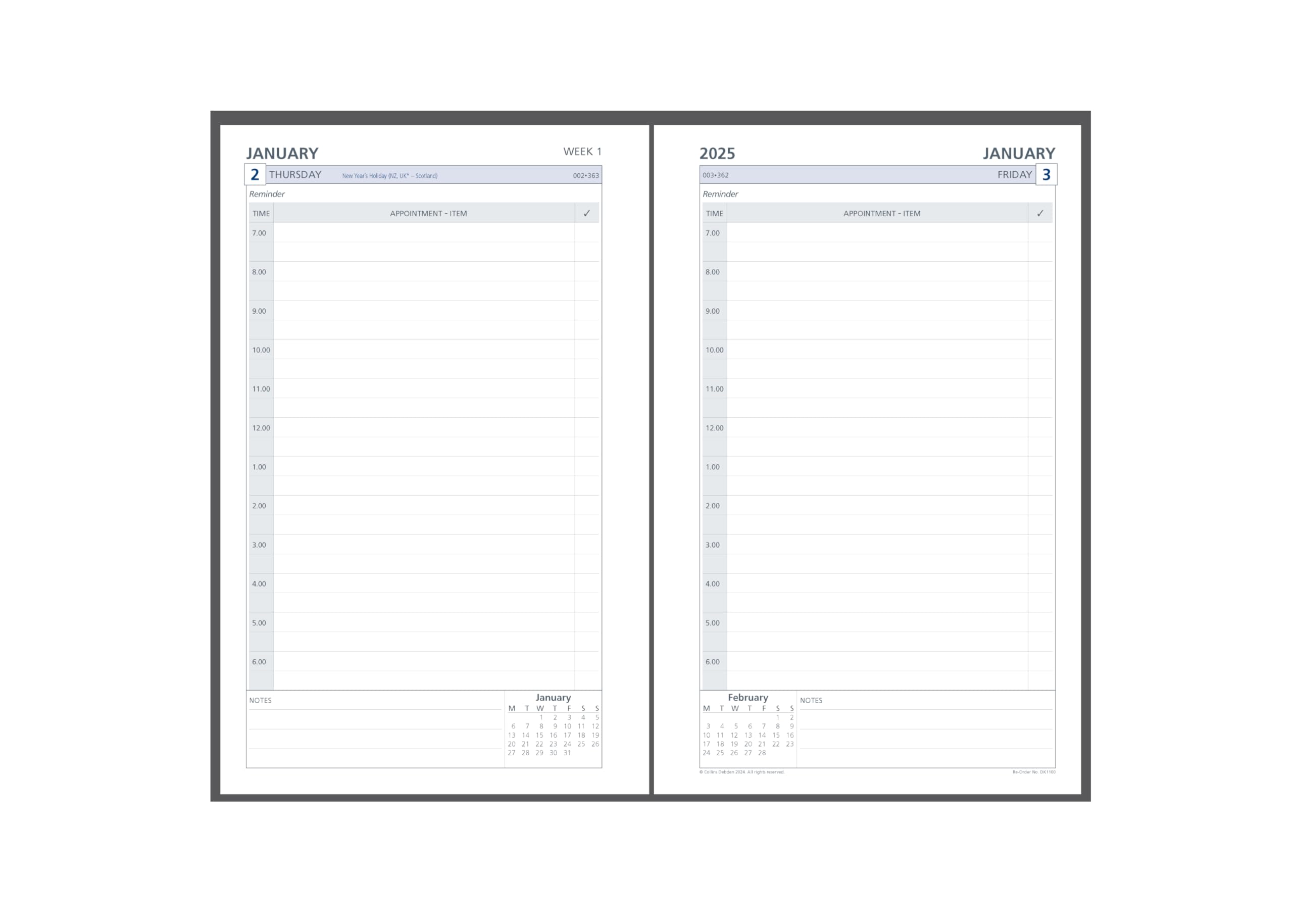 Collins 2025 Day to a Page Desk Organiser Refill (DK1100) - compatible with seven hole organisers - (216 x 140mm)