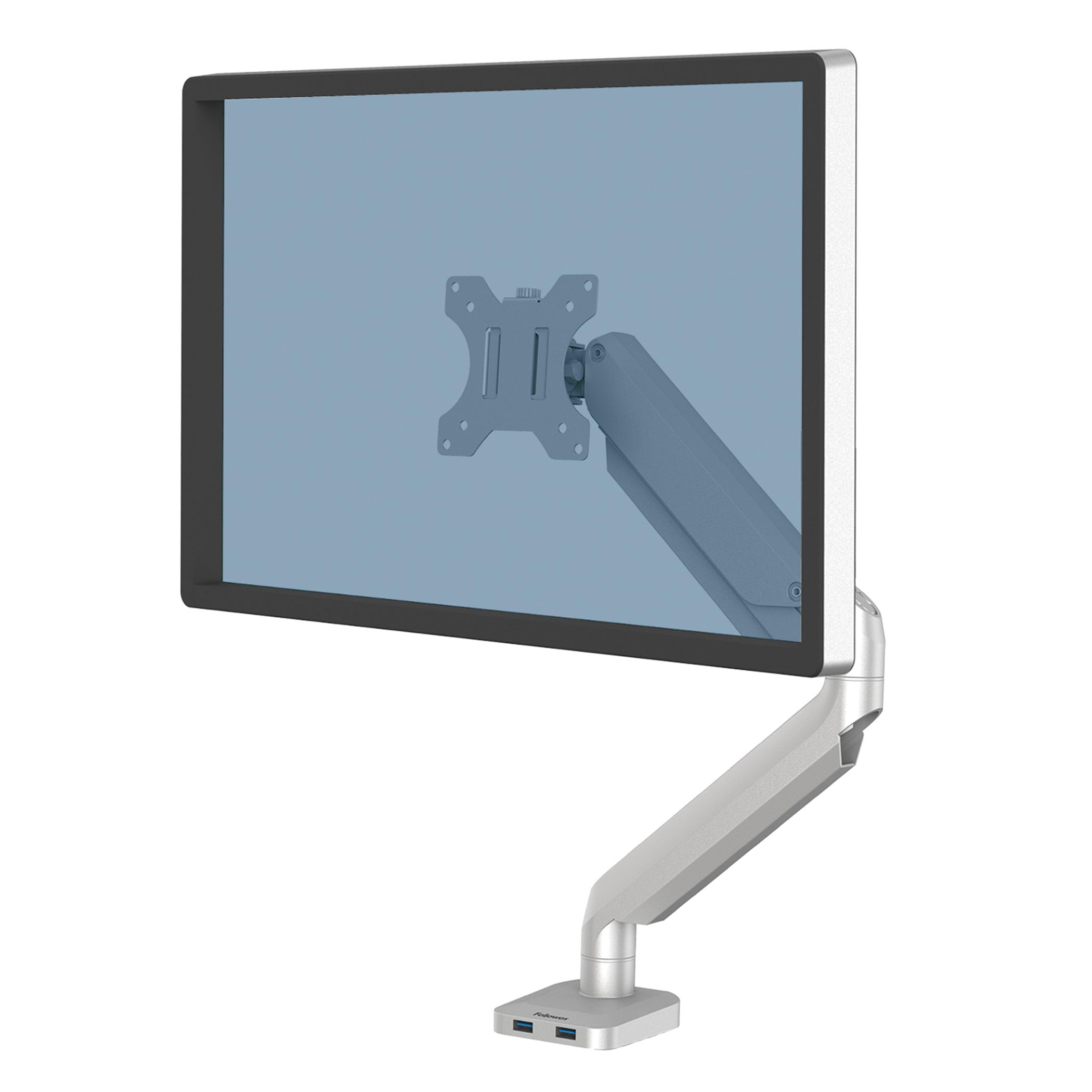 Fellowes Monitor Halterung für 1 Bildschirm bis 32 Zoll (81,28 cm) - Platinum Series Monitor Arm mit Gasfeder, USB Ports - Befestigung mit Klemme oder an Kabeldurchlass - Farbe: Silber