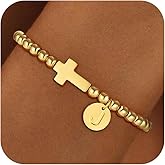 Fezodo Valentines Day Gifts for Kids Girls - Initial Bracelet, Dainty 18K Gold Plated Cross Letter Bracelet Non Tarnish Beaded Bracelets Personalized Birthday Gifts for Women Girls Jewelry