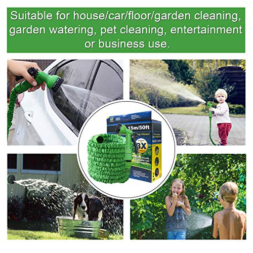 BeeTwo Garden Water Hose, 50 Feet Expandable Garden Hose Set, Double Latex Core with 3/4" Solid Connectors for Home, Garden, Car Washing & Heavy Duty (Green)