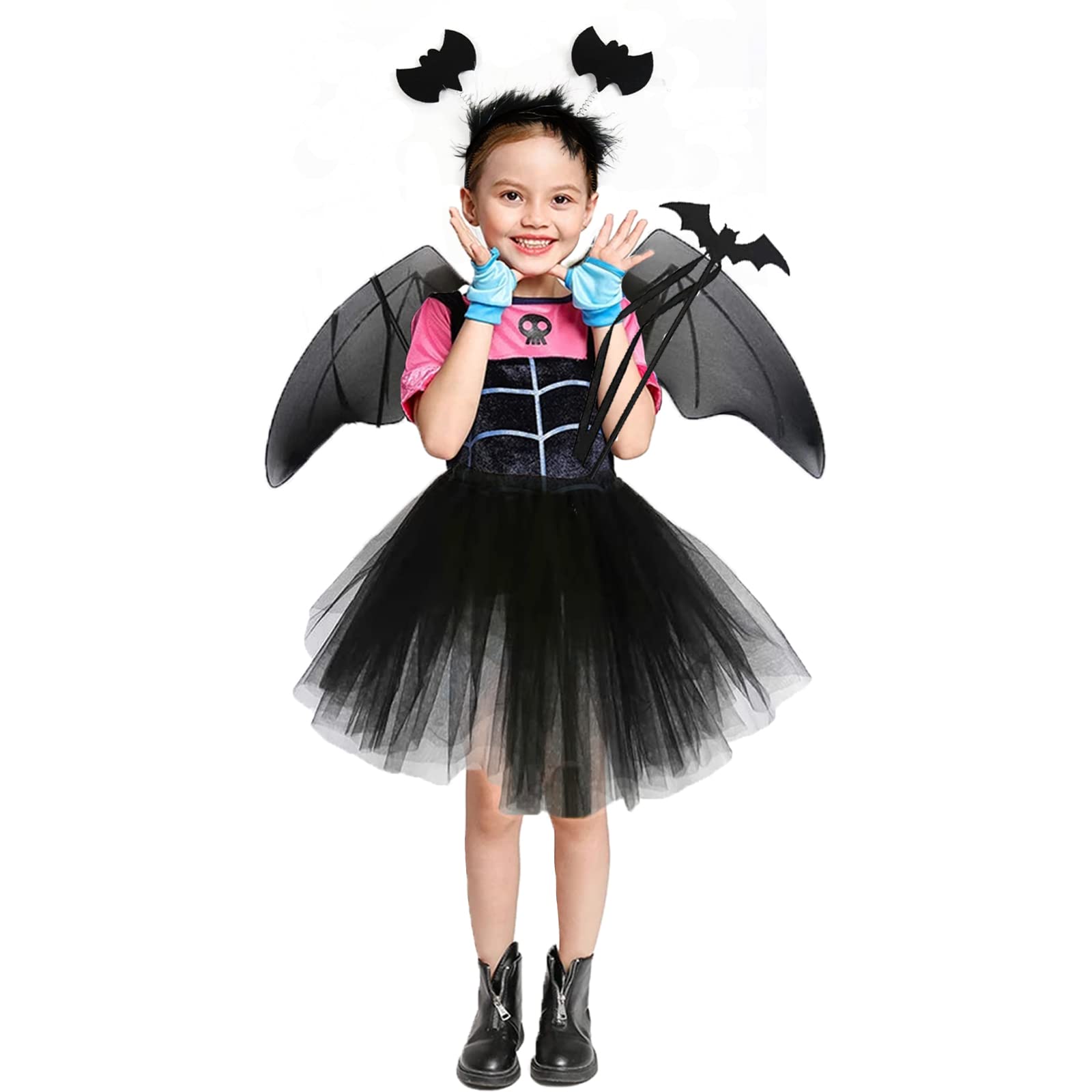 ENSTAB Set of 4 Halloween Costume Set, Bat Costume for Children, for Carnival, Halloween, Carnival for Girls (Bat)