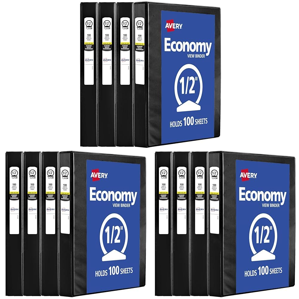 Avery Economy View 3 Ring Binders, 0.5" Round Rings, 100-Sheet Capacity, Black, (17701) (Pack of 12) Image