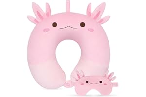 JEROKUMI Kids Travel Pillow, Kid Neck Pillows with Eye Mask Cute Axolotl U Shaped Neck Pillow, Neck Support Travel Pillow for Road Trip, Airplane, Travel Pillow for Kids & Adults