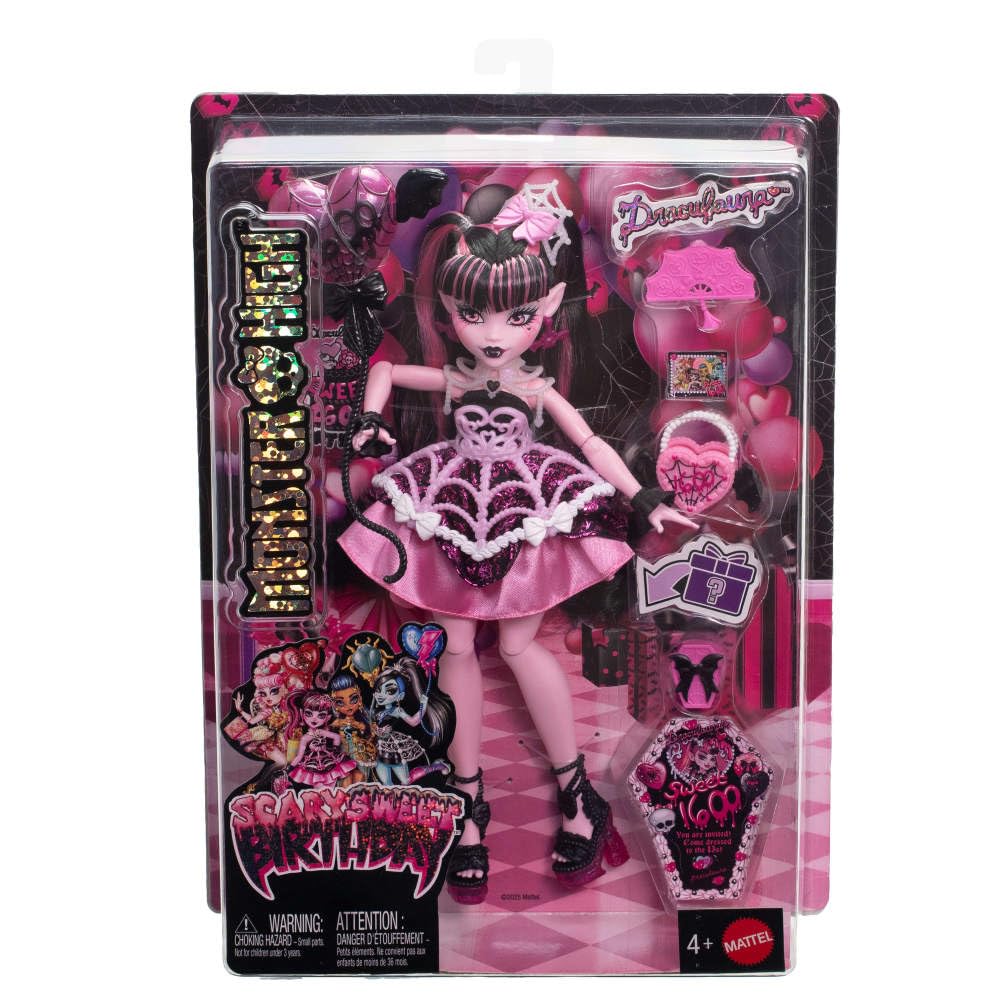Monster High Scary Sweet Birthday Doll, Draculaura in Pink Party Dress with Themed Accessories Like Invite, Balloon, Gift, Fan and More