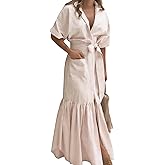 utcoco Women's 2025 Summer Casual Striped Button Down Maxi Dress Tie Waist Short Sleeve Shirt Dress with Pockets