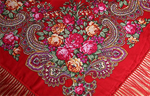 COSAUG Traditional Ukrainian Scarf and Wrap With Tassel Pavlovo Posad Shawl For Women Square Size (Red)