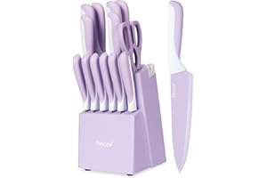 hecef 15 Pieces Kitchen Knife Set with Built-in Sharpening Wooden Block, Dishwasher Safe, High Carbon Stainless Steel Knife B