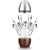 DUMAHOME Egg-Shaped Cutlery Holder &ndash; 6 Coffee Spoons + 6 Dessert Forks Set, Scandinavian Teak Wood Base with Polished 304 Stainless Steel Lid, Fruit &amp; Dessert &amp; Coffee Utensil Caddy for Home, Gift