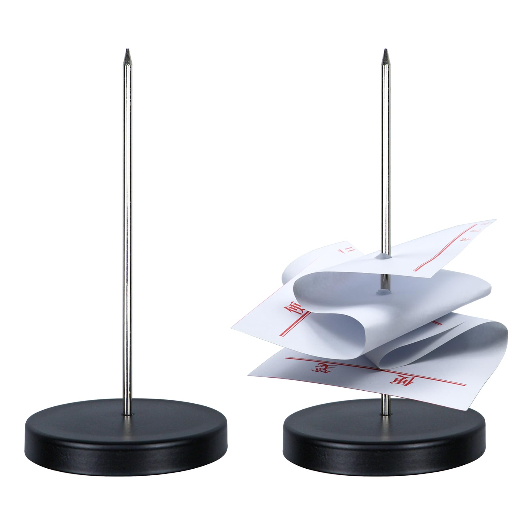 Ikosora 2 Pcs Receipt Holder Spike, 5.5inch Metal Memo Spike, Black Straight Rod Spike with Round Stand, Spindle Spike Stick Receipts Desk Check Bill Fork for Restaurant Office Bar Supermarket