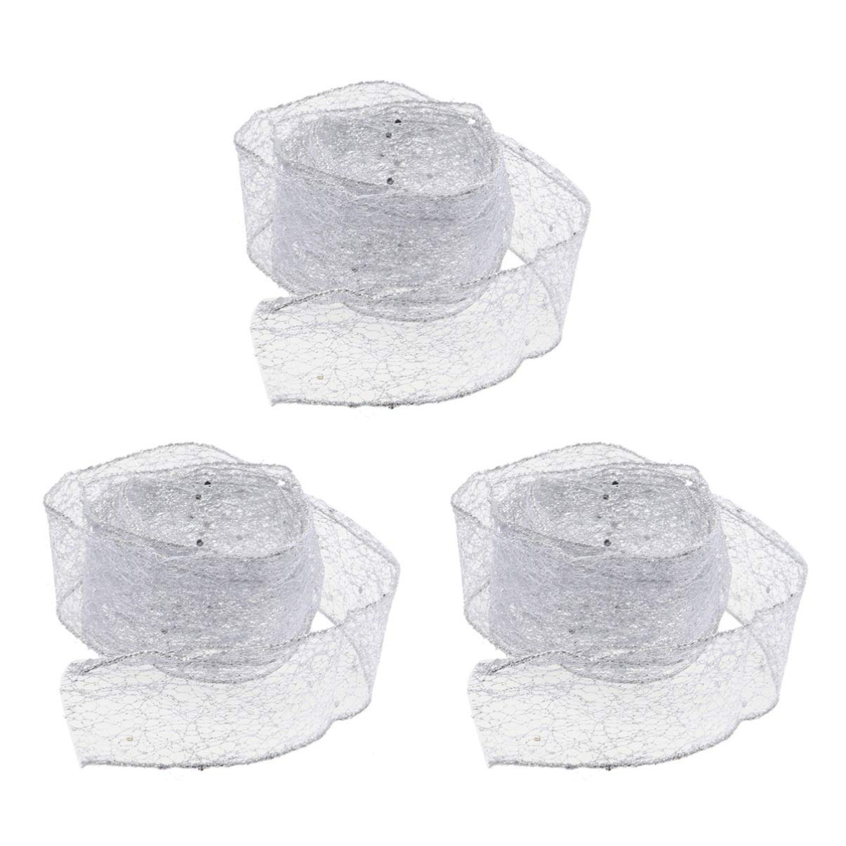 3pcs Christmas Mesh Ribbon Glitter Ribbon DIY Craft for Christmas Bows Wrapping Decoration (Silver)