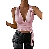 SOLY HUX Women's Sexy Deep V-Neck Halter Crop Top Summer Beach Vacation Clothes Y2K Trendy Tank Top for Going Out Party
