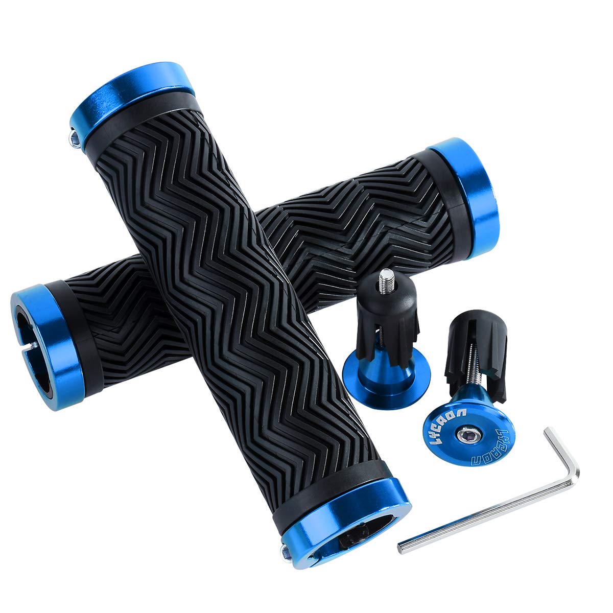 LYCAON TPR Bicycle Bike Grips with 2 Expandable Aluminum End Caps, Bike Bicycle Grips Fits MTB/BMX/Mountain/Downhill/Foldable/Urban Bicycles/Scooter (Blue Extensible)