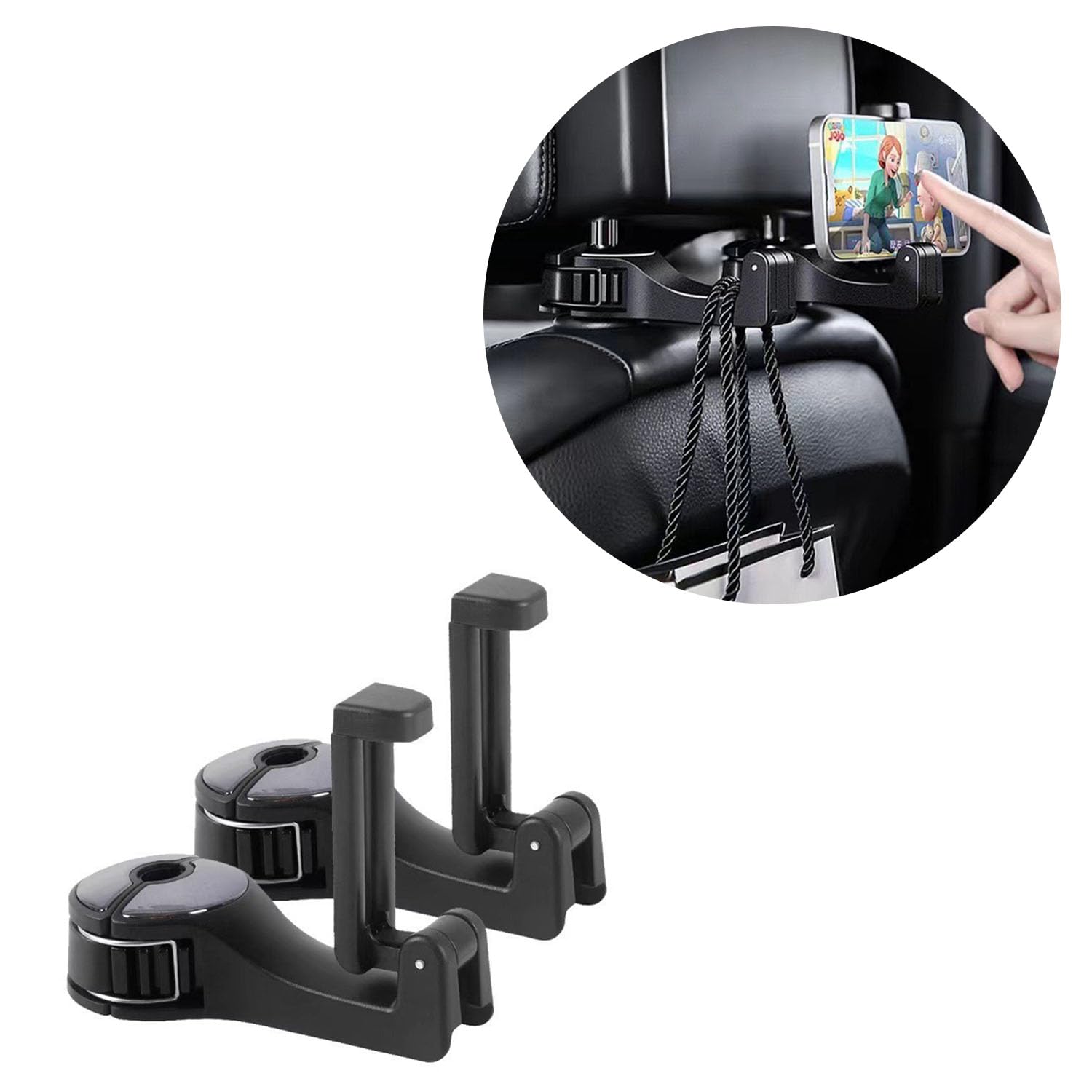 ViWaVee Headrest Mount Car Hook with Mobile Phone Holder, 360° Rear Hook for Car Seats for Bag, Purse, Clothing, Back Seat Car Organiser, Easy to Use (Black 2 Pack)