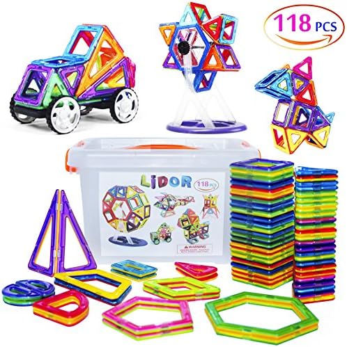 Magnetic Blocks &amp; Tiles (118 Pieces) - Educational Toys for Toddlers - Magnetic Building Set - Magnetic Toys for Babies &amp; Kids with Colorful Shapes