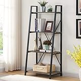 BON AUGURE Ladder Shelf 4 Tier Leaning Industrial Bookshelf, Rustic Wood Metal Ladder Bookcase, Standing Storage Book Shelves