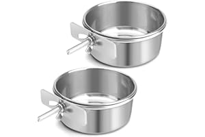 OLD TJIKKO Bird Cage Feeder, Bird Feeder for Cage, 2 Pcs 10oz Stainless Steel Food Water Bowls with Clamp, Hanging Coop Cups for Parrot Cockatiel Hamster Rabbit Rat Small Animals