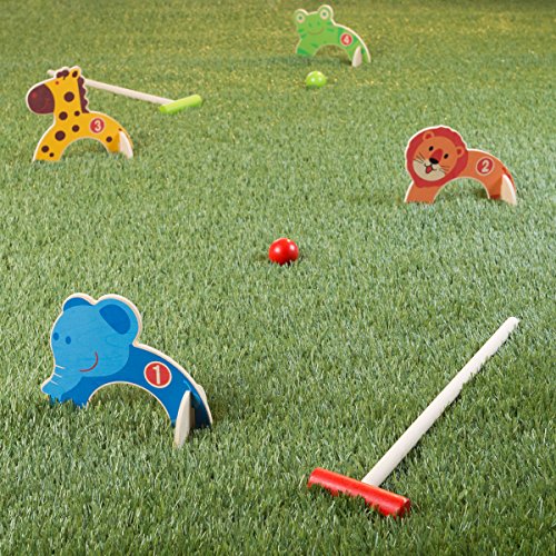Hey!Play! Kids Animal Croquet Set- Mini Croquet Playset with 4 Wooden Zoo Animal Design Wickets and 2 Mallets-Fun Classic Game for Boys and Girls