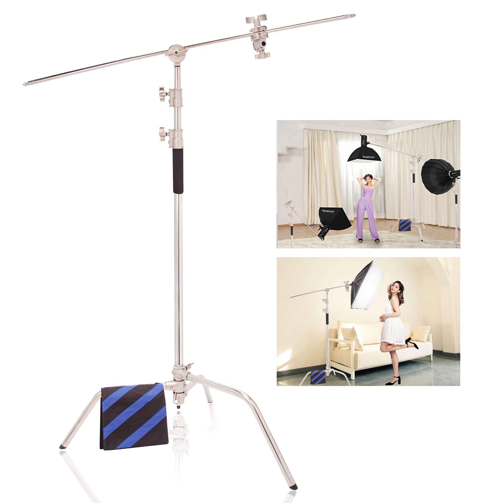 Heavy Duty C Stand with Hold Arm, Grip Head and Sandbag, 4.9-9.8ft Stainless Steel Light Stand for Photography Reflectors, Softboxes, Lighting