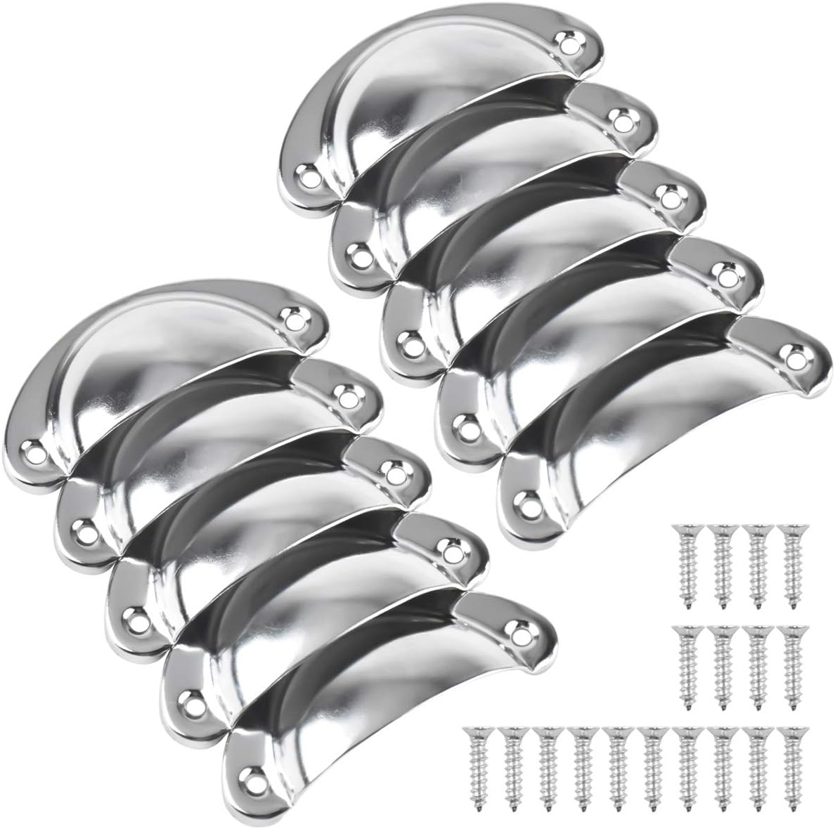 10 Pack Chrome Cabinet Handles - Cup Handles with Screws, Pull Knobs for Kitchen Cupboard Wardrobe & Furniture (Chrome White)