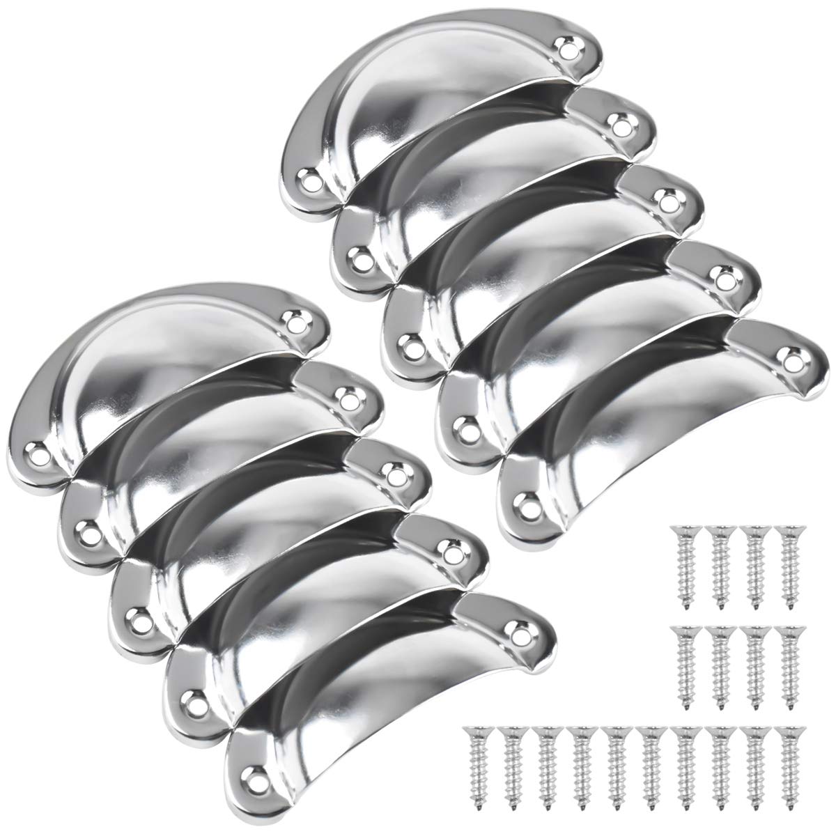 10 Pack Chrome Cabinet Handles - Cup Handles with Screws, Pull Knobs for Kitchen Cupboard, Wardrobe & Furniture (Chrome White)