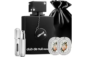 AROMAQUE Bundle of Armaf Club De Nuit Intense Man 3.4oz Perfume Club De Nuit for Men EDT with 1 Empty Refillable Perfume Bottle, 2 Scented Car Freshener Cards & Black Satin Bag