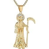 AsAlways Santa Muerte Necklace for Men Stainless Steel Gothic Grim Reaper Saint Death Sickle Skull Pendant Necklace Jewelry Gift