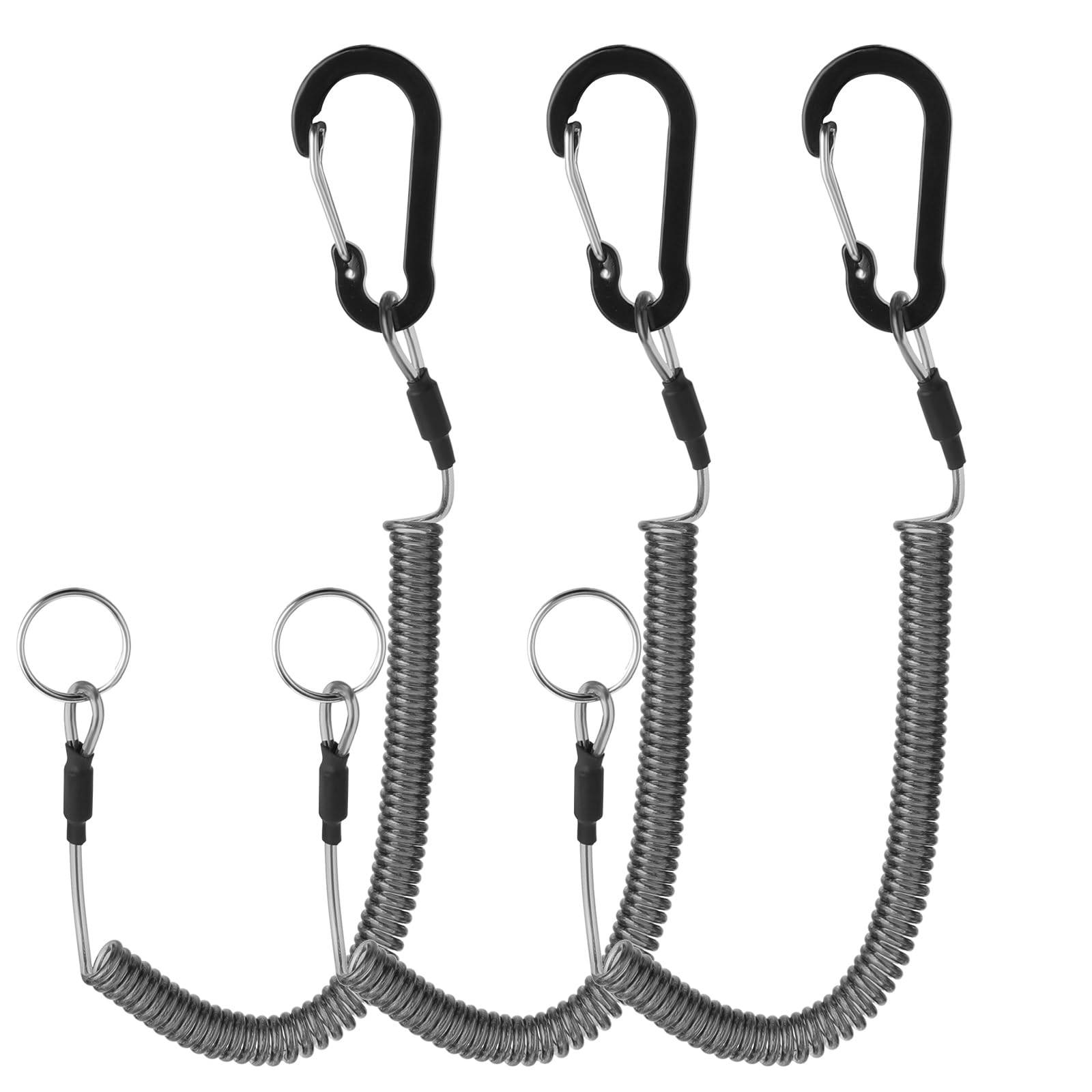 Dimeho 3Pcs Coiled Lanyard Heavy Duty Fishing Lanyard Safety Retractable Fishing Tool Ropes Leash Fishing Rod Tether Accessories with Aluminium Alloy Clip for Pliers Boating Kayak (Black)