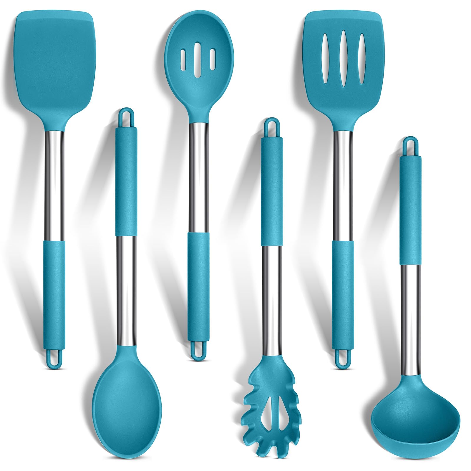 HaWare Silicone Kitchen Utensils Set, 6 Pcs Cooking Utensils with Stainless Steel Handle, Heat Resistant Kitchen Tools for Non-Stick Cookware, Ladle Turner Spoon Pasta Server, Dishwasher Safe-Blue