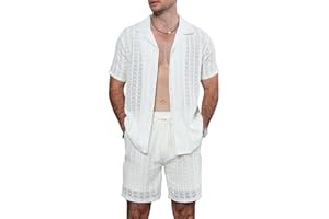 SPKPKEY 2026 New Men's 2 Piece Outfits Summer Beach Sets See Through Short Sleeve Lace Shirt and Shorts Set S-3XL