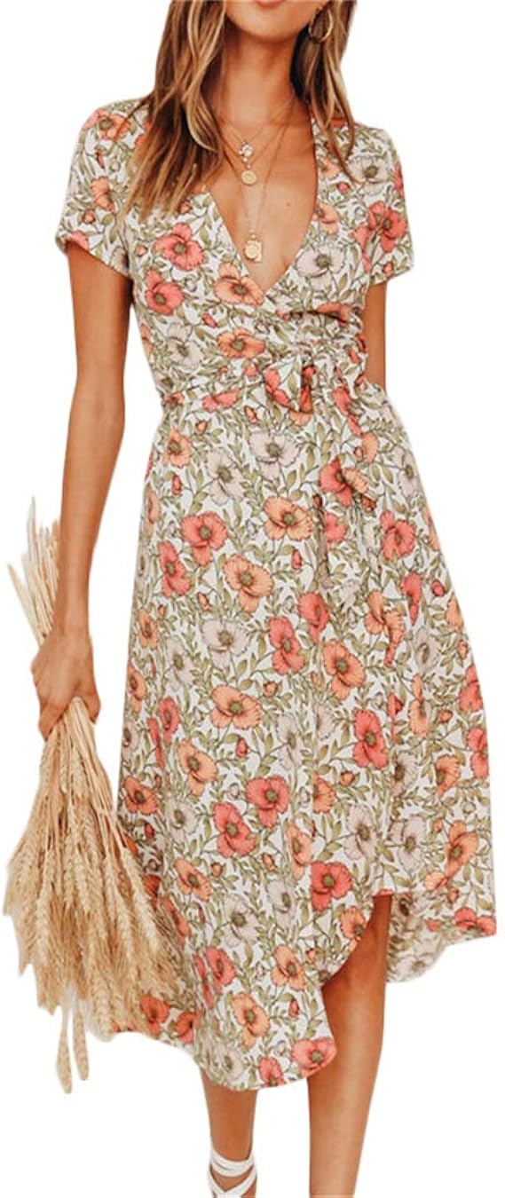 Amazon Co Jp Hosiyoレディース ワンピース ドレス セクシー Vネック ビーチドレス 夏休み シフォン 半袖 ドレス ファッション プリント レースアップ 女性 服 ファッション小物