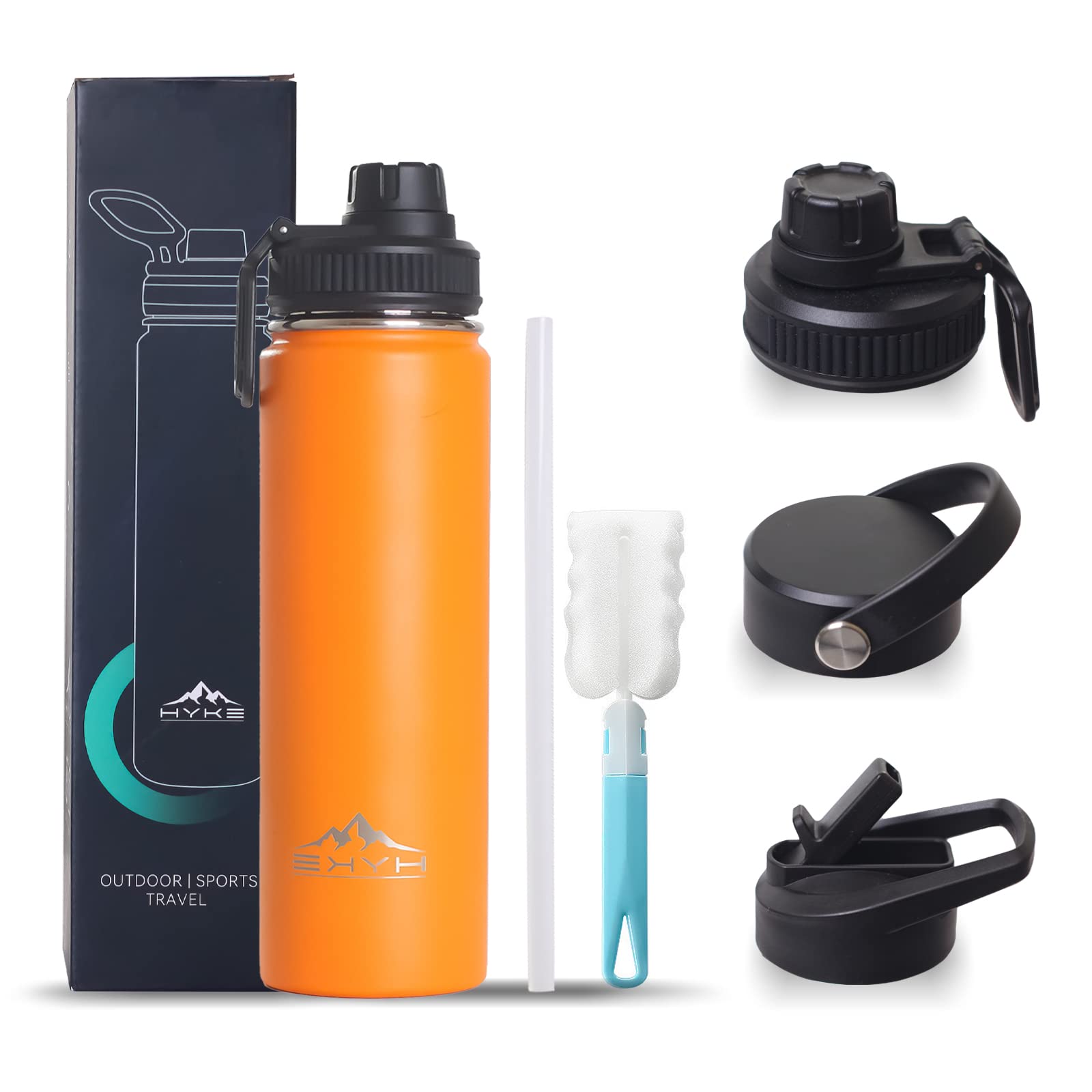 U2PlCK Vacuum Insulated Water Bottle 700ml (24OZ) Leakproof Outdoor Mug with 3 Replaceable Cup Lids for Cycling,Running,Gym,Camping,Travel (Orange)